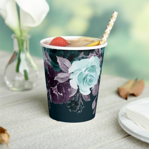 Moody Boho  Deep Teal and Purple Floral Garland Paper Cups