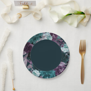 Moody Boho Deep Teal and Purple Floral Wreath Paper Plates