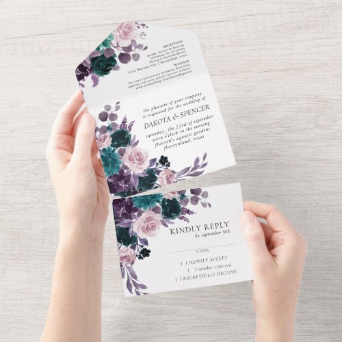 Moody Boho  Eggplant Purple and Teal Dark Floral All In One Invitation