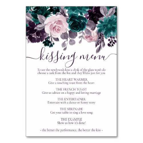 Moody Boho  Eggplant Purple and Teal Kissing Menu Table Number