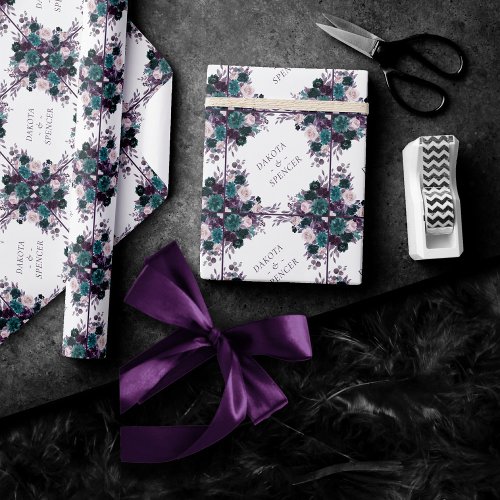 Moody Boho  Eggplant Purple and Teal Monogram Wrapping Paper