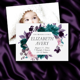 Moody Boho Eggplant Purple and Teal Photo Birth Announcement