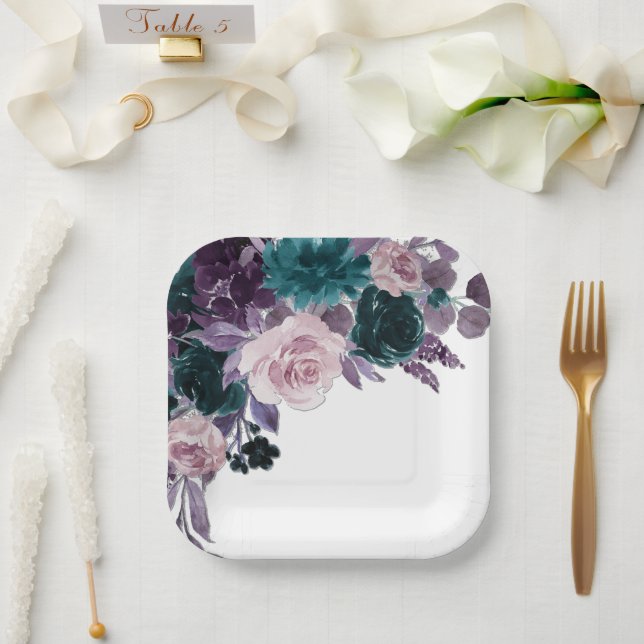 Moody Boho | Eggplant Purple and Teal Rose Bouquet Paper Plates (Wedding)