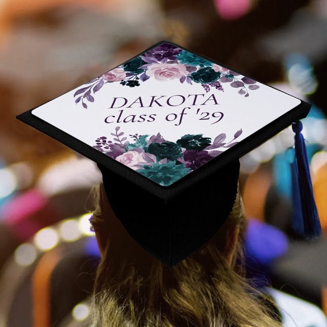 Moody Boho | Eggplant Purple and Teal Rose Custom Graduation Cap Topper (Creator Uploaded)