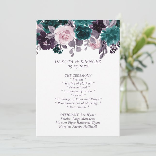 Moody Boho | Eggplant Purple and Teal Rose Garland Program (Standing Front)