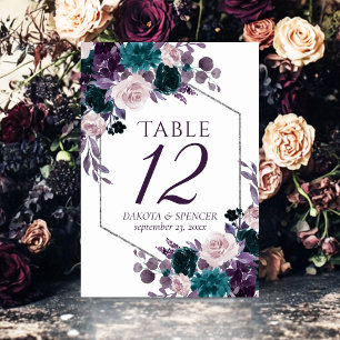 Moody Boho   Eggplant Purple and Teal Rose Garland Table Number