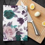 Moody Boho | Eggplant Purple and Teal Rose Pattern Kitchen Towel<br><div class="desc">Modern, dark, and moody hand-painted theme featuring a jewel tone eggplant purple, plum, mauve, and dark teal watercolor floral bouquet embellished by botanical laurel and deep purple accents. From the "Boho Bloom" collection, this layout incorporates a rich Bohemian wildflower bouquet with radiant flower blooms and eucalyptus greenery foliage. For other...</div>