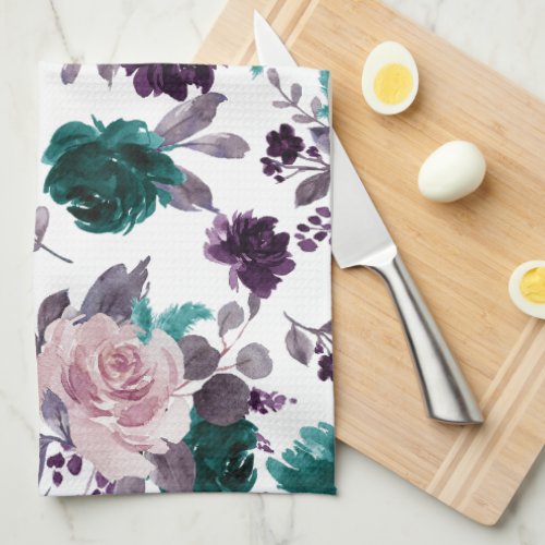 Moody Boho  Eggplant Purple and Teal Rose Pattern Kitchen Towel