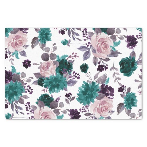 Moody Boho  Eggplant Purple and Teal Rose Pattern Tissue Paper