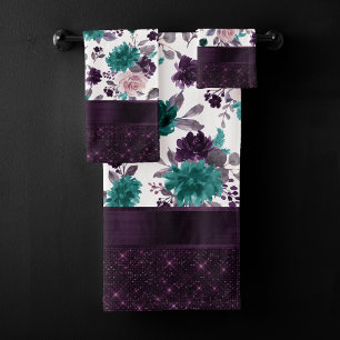 Moody Boho   Eggplant Purple and Teal Rose Shimmer Bath Towel Set