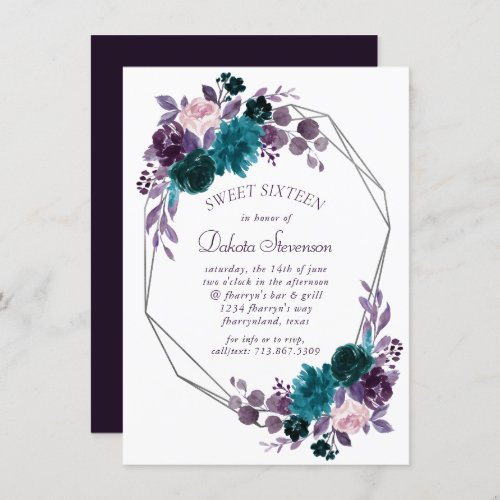 Moody Boho  Eggplant Purple Bouquet Sweet Sixteen Invitation