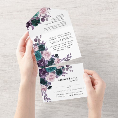 Moody Boho  Eggplant Purple Dark Floral Entree All In One Invitation