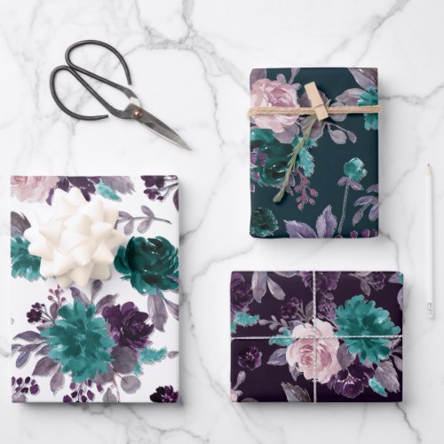 Moody Boho  Eggplant Purple Dark Floral Pattern Wrapping Paper Sheets