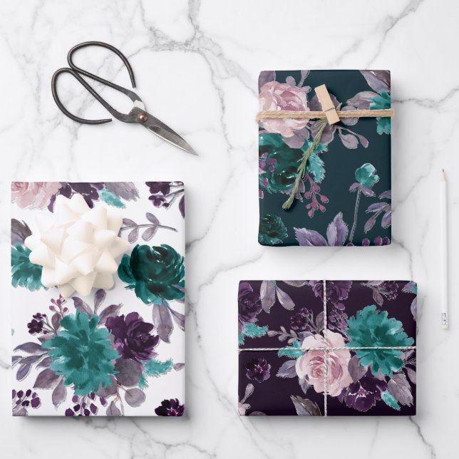 Moody Boho | Eggplant Purple Dark Floral Pattern Wrapping Paper Sheets (Front)