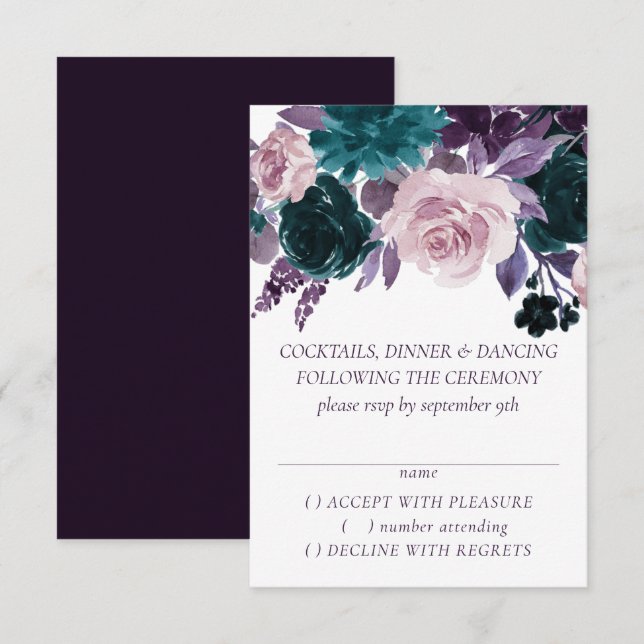 Moody Boho | Eggplant Purple Dark Floral Wedding RSVP Card (Front/Back)