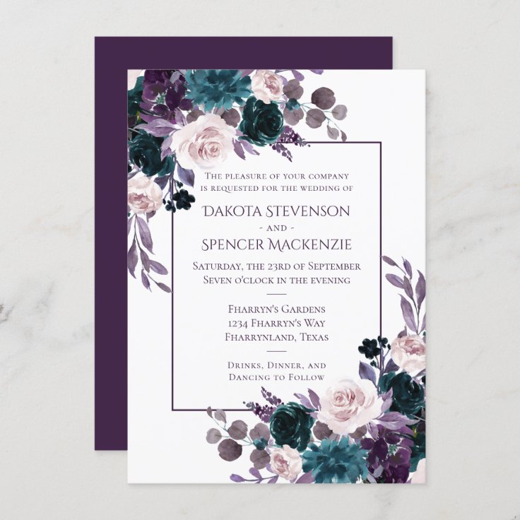 Moody Boho | Eggplant Purple Floral Frame Wedding Invitation | Zazzle