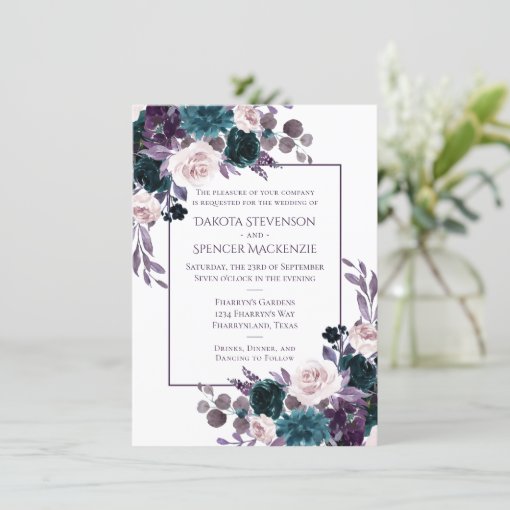 Moody Boho | Eggplant Purple Floral Frame Wedding Invitation | Zazzle