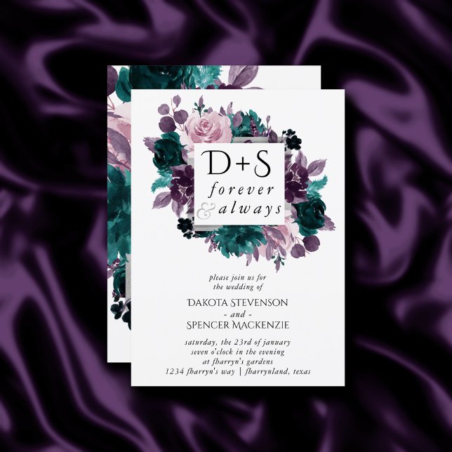 Moody Boho | Eggplant Purple Floral Monogram Photo Invitation (Creator Uploaded)