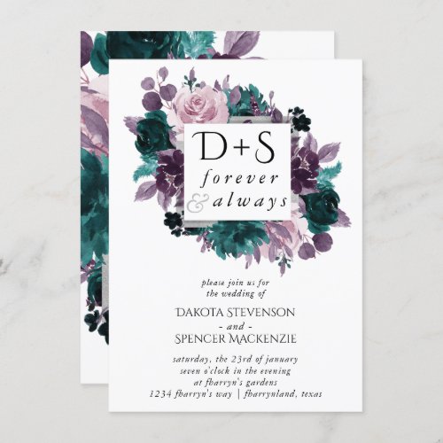 Moody Boho  Eggplant Purple Floral Monogram Photo Invitation