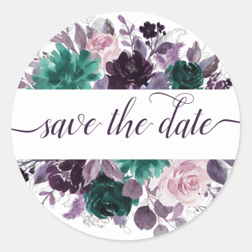 Moody Boho  Eggplant Purple Floral Save the Date Classic Round Sticker