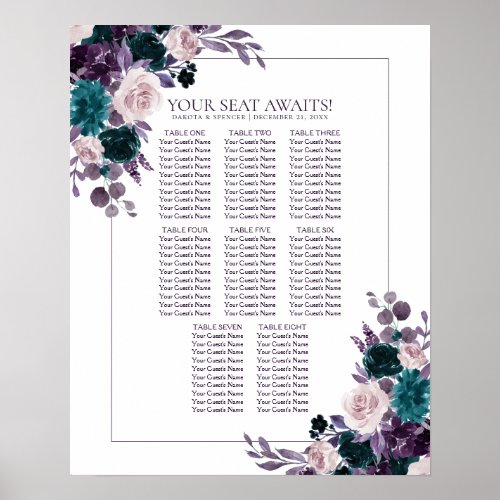 Moody Boho  Eggplant Purple Floral Wreath Seating Poster