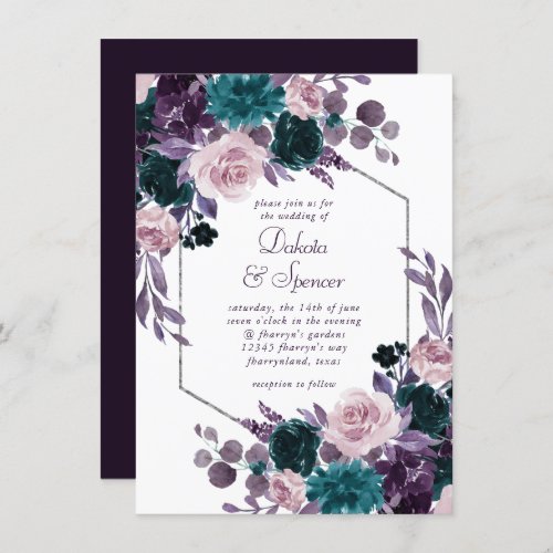 Moody Boho  Eggplant Purple Silver Frame Bouquet Invitation