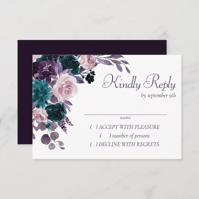 Moody Boho | Eggplant Purple Silver Frame Bouquets RSVP Card (Front/Back)
