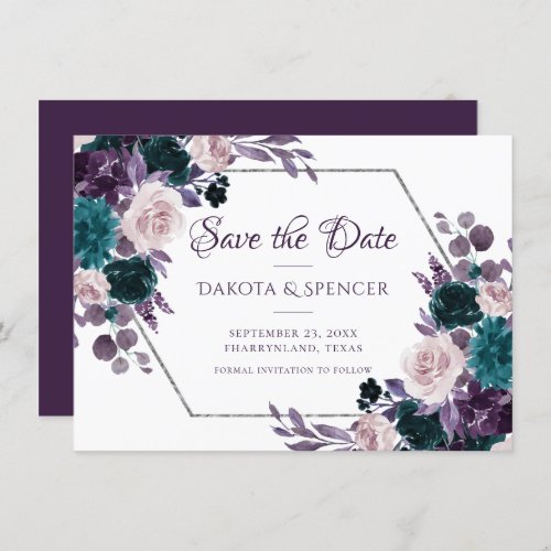 Moody Boho  Eggplant Purple Silver Frame Bouquets Save The Date