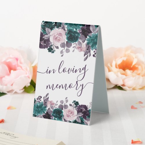 Moody Boho  Eggplant Purple Teal Floral Memorial Table Tent Sign