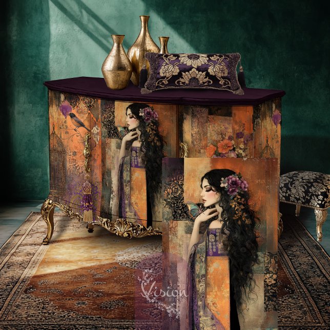 Moody Boho Girl in a Kimono Patchwork Art Tissue Paper (Mix and Match, Moody Boho, Kimono Girl & Butterfly, Patchwork Art, Decoupage Tissue Paper)