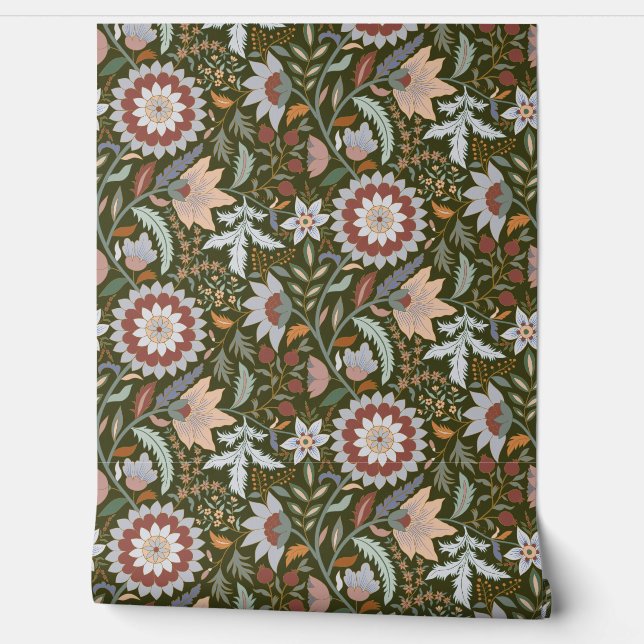 Moody Boho Indian Floral with Green Background Wallpaper (Unrolling)