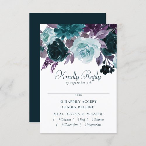 Moody Boho  Teal and Eggplant Purple Rose Entree RSVP Card