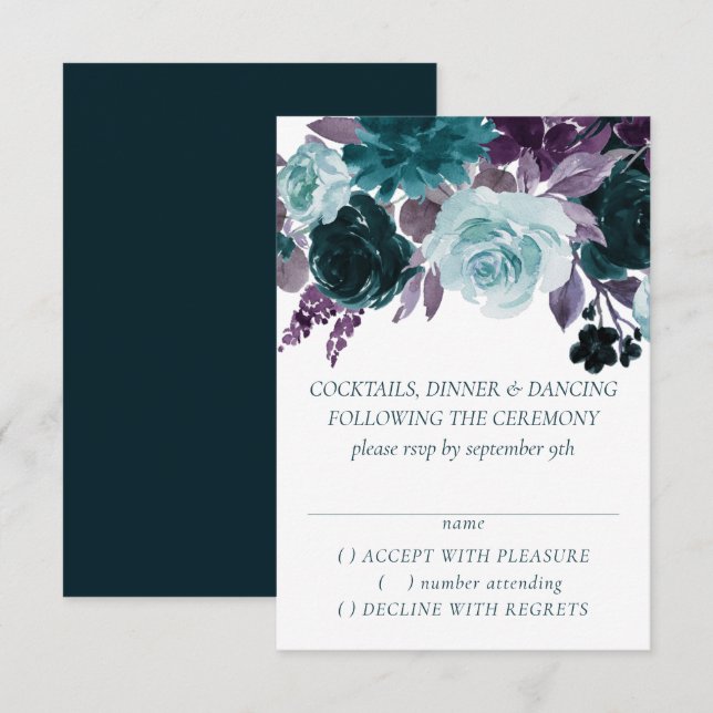 Moody Boho | Teal and Eggplant Purple Rose Floral RSVP Card (Front/Back)