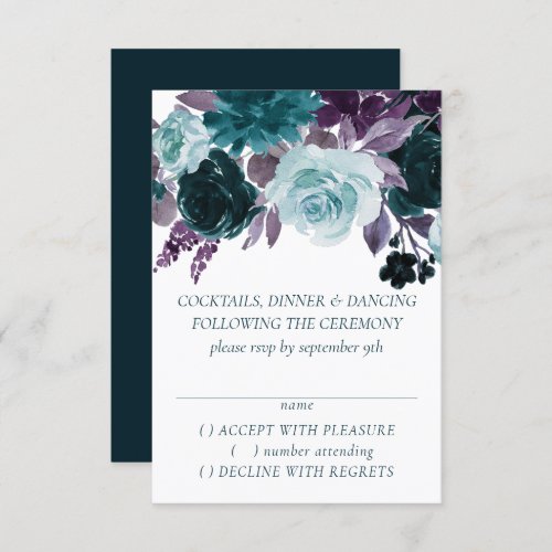 Moody Boho  Teal and Eggplant Purple Rose Floral RSVP Card