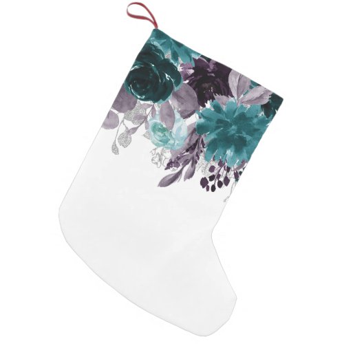 Moody Boho  Teal and Eggplant Purple Rose Floral Small Christmas Stocking