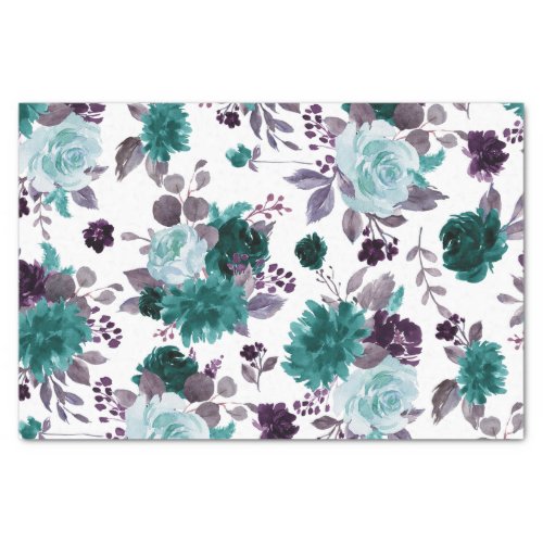 Moody Boho  Teal and Eggplant Purple Rose Pattern Tissue Paper