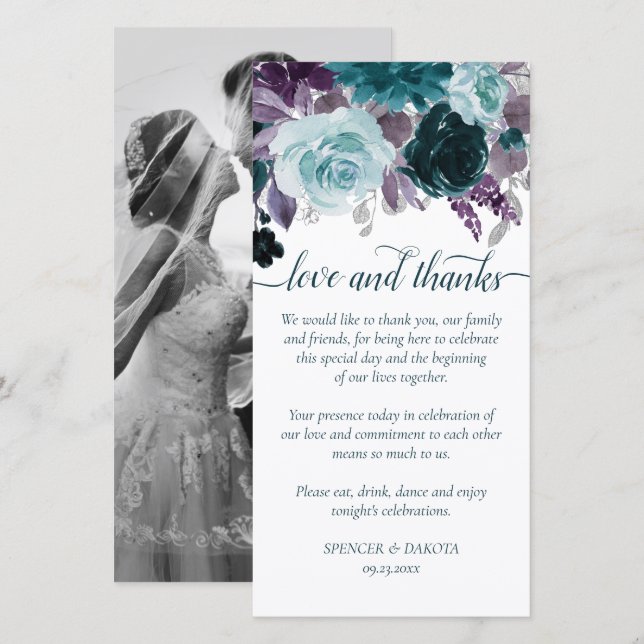 Moody Boho | Teal and Eggplant Purple Rose Photo Thank You Card (Front/Back)