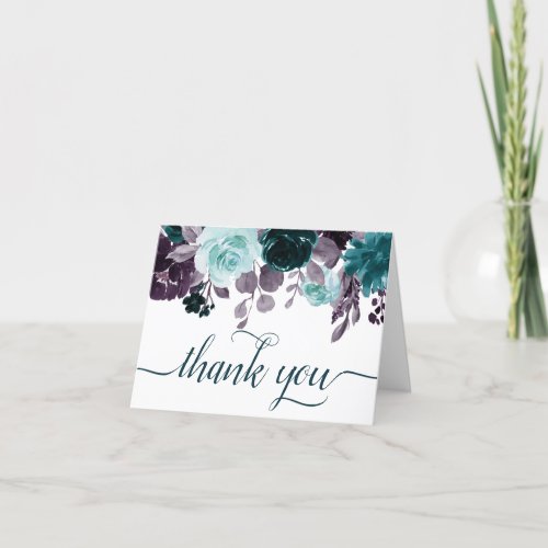 Moody Boho  Teal and Eggplant Purple Rose Photo Thank You Card