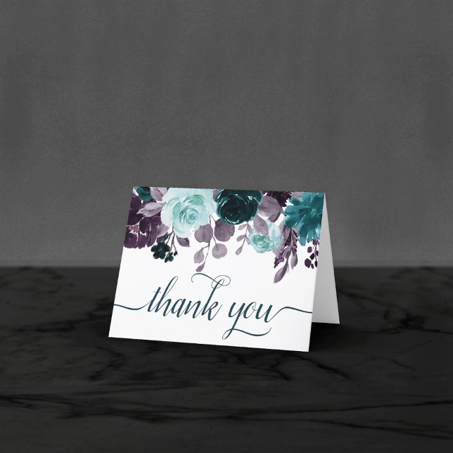 Moody Boho | Teal and Eggplant Purple Rose Photo Thank You Card (Creator Uploaded)