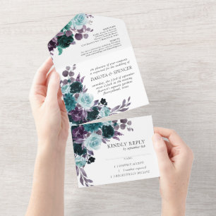 Moody Boho Teal and Purple Dark Floral Bouquet All In One Invitation