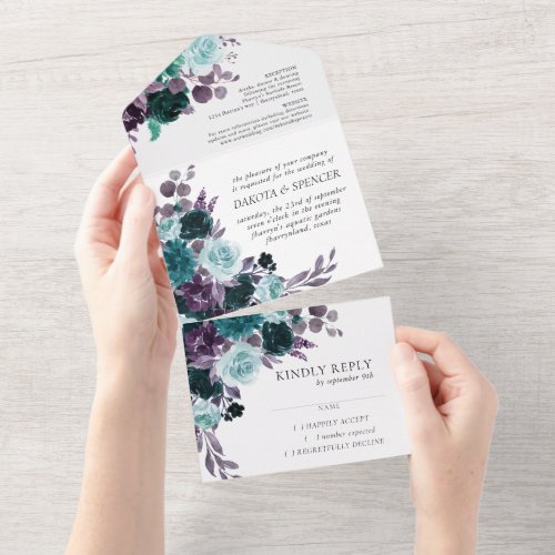Moody Boho  Teal and Purple Dark Floral Bouquet All In One Invitation