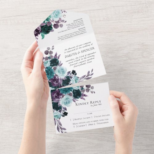 Moody Boho  Teal and Purple Dark Floral Entree All In One Invitation