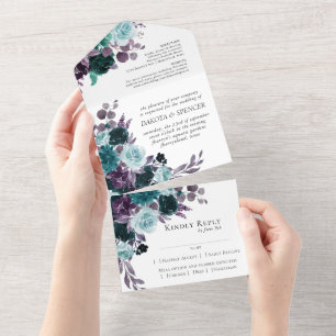 Moody Boho Teal and Purple Dark Floral Entree All In One Invitation