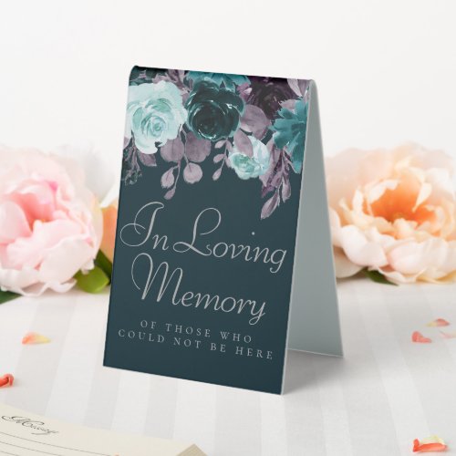 Moody Boho  Teal and Purple Dark Floral Memorial Table Tent Sign