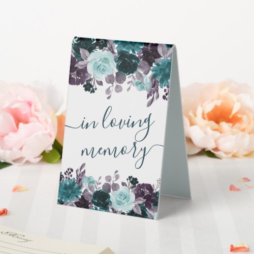 Moody Boho  Teal and Purple Dark Floral Memorial Table Tent Sign