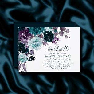 Moody Boho Teal and Purple Dark Rose Floral Invitation