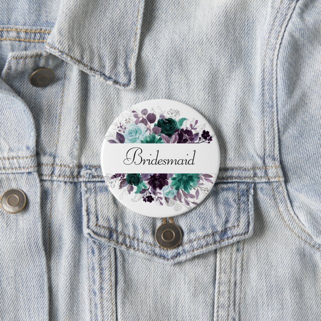 Moody Boho | Teal and Purple Floral Bridal Party Button (In Situ)