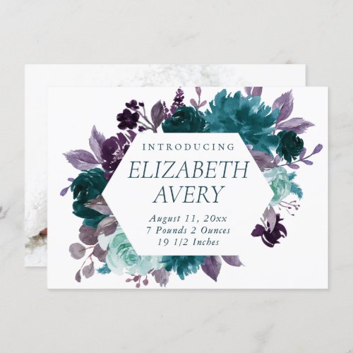 Moody Boho  Teal and Purple Floral Photo Birth Announcement