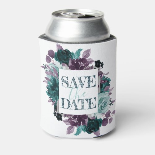 Moody Boho  Teal and Purple Floral Save the Date Can Cooler