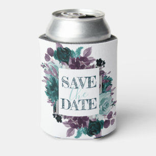Moody Boho Teal and Purple Floral Save the Date Can Cooler